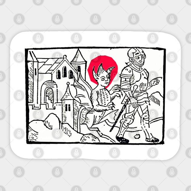 The Devil pursues the medieval knight who, despite his armor, is vulnerable to sin. Vintage drawing. Sticker by Marccelus